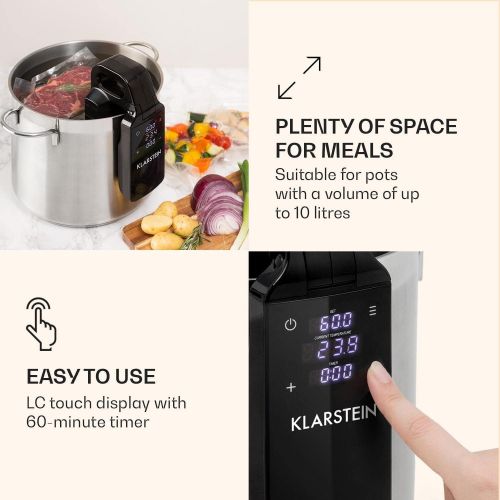  [아마존베스트]Klarstein Quickstick Free Sous Vide Stick  Temperature Range: 0-95 °C, Precision: +/- 0.3 °C, LCD Touch Display, 60 Minute Timer, for Pots up to 10 Litres, IPX7 Waterproof, Black