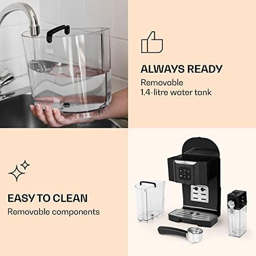  [아마존베스트]Klarstein BellaVita espresso machine with milk foam nozzle, 3-in-1 coffee machine, filter holder, 20 bar, 1450 watt, 1.4 litres, for cappuccino, espresso, latte macchiato