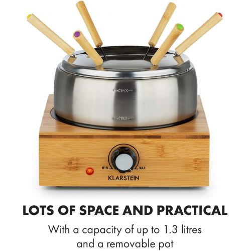  [아마존베스트]Klarstein Bamboo fondue, 800 watts, stainless steel pot, device base made of bamboo, capacity 1.3 litres max, heating plate made of stainless steel, thermostat, fork holder attachm