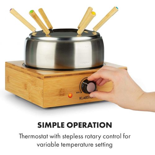  [아마존베스트]Klarstein Bamboo fondue, 800 watts, stainless steel pot, device base made of bamboo, capacity 1.3 litres max, heating plate made of stainless steel, thermostat, fork holder attachm