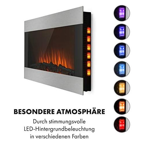  Klarstein Basel Illumine Electric Fireplace Fan Heater 2000 Watt 2 Heat Settings LED Flame Illusion Dimming Function LED Backlight Thermostat LED Display Silver