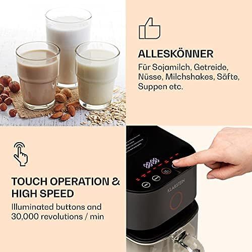  Klarstein Marcia Nut Milk Maker Mixer with 300 Motor and 1250 Watt Heating Output, 360° Heating Technology, 30,000 rpm, Touchcsreen, Removable Water Tank, Black