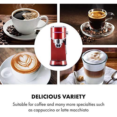  Klarstein Futura Espresso Machine, Portafilter Machine with 1450 Watt, 20 Bar, Barista Quality, Double Spout, Flow Stop, Filter Holder Coffee Machine, Milk Frothing Function, Red