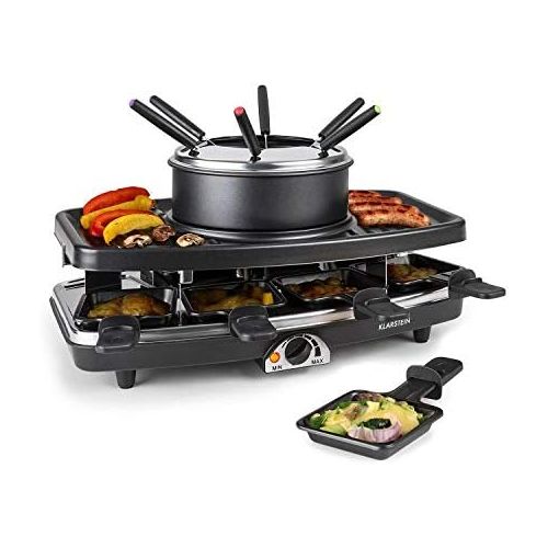  Klarstein Entrecoete 2 in 1 Raclette Grill & Fondue, 1100 W, 2 in 1 Grill: Metal & Natural Stone Plate, Stainless Steel Heating Element for 8 People