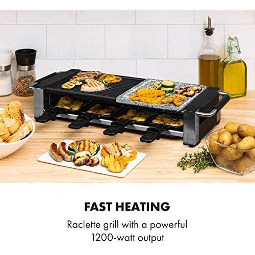  Klarstein Bistecca 1200 W Raclette Grill, 2 in 1 Non Stick Coated Metal Grill Plate & Natural Stone Grill, Stainless Steel Heating Element, Adjustable Thermostat