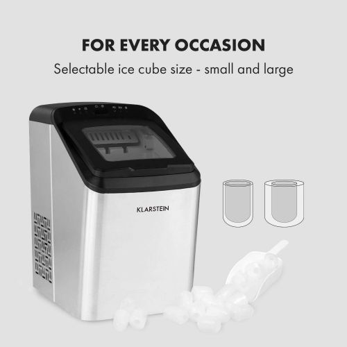  [아마존베스트]Klarstein Partytime Ice Cube Machine 15 kg / 24 h 2 Ice Cube Sizes: S & L, Production Time Only 7 Minutes, 2.9 Litre Water Tank, LC Display, Timer, Self-Cleaning Function, Stainles