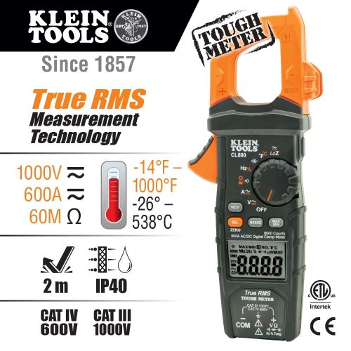  Klein Tools CL800 Digital Clamp Meter with ACDC Auto-Ranging