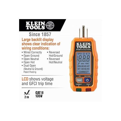  Klein Tools RT250 GFCI Outlet Tester with LCD Display, Electric Voltage Tester for Standard 3-Wire 120V Electrical Receptacles