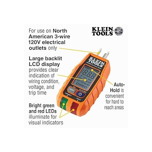  Klein Tools RT250 GFCI Outlet Tester with LCD Display, Electric Voltage Tester for Standard 3-Wire 120V Electrical Receptacles