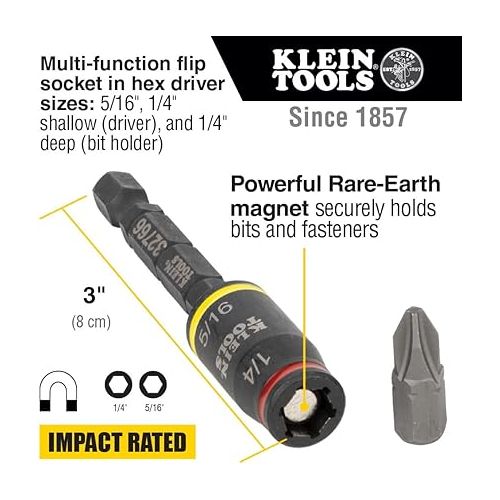  Klein Tools 32766 Impact Driver, 3-in-1 SAE Impact Socket and Bit Holder, Flip Socket with 1/4-Inch and 5/16-Inch Hex Drivers, 3-Inch Length