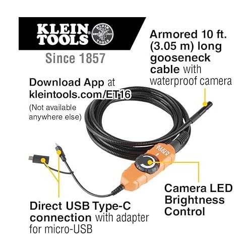  Klein Tools ET16 Borescope Digital Camera with LED Lights, for Android Devices, USB-C or Micro-USB Connection; No Batteries Needed