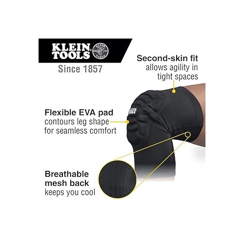  Klein Tools 60492 Knee Pads, Lightweight Padded Knee Sleeves, Breathable Mesh Back, Elastic Cuff with Slip-Resistant Silicone, Black, M/L