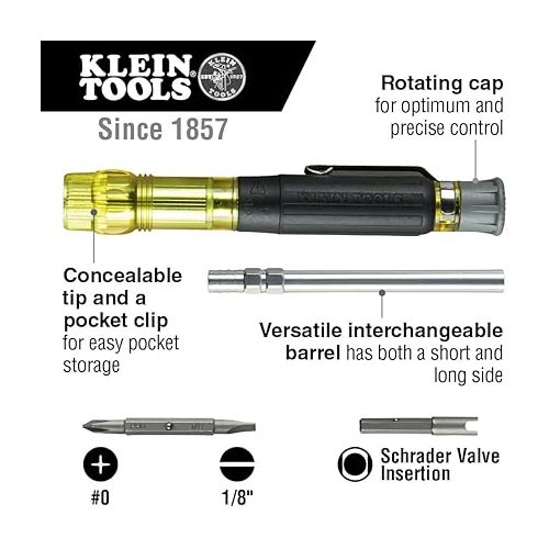  Klein Tools 32613 Multi-Bit Screwdriver, Precision HVAC 3-in-1 Pocket Screwdriver with Phillips, Slotted and Schrader Bits