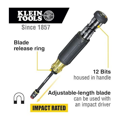  Klein Tools 32304 Screwdriver, 14-in-1 Adjustable Screwdriver with Flip Socket, HVAC Nut Drivers and Bits, Impact Rated