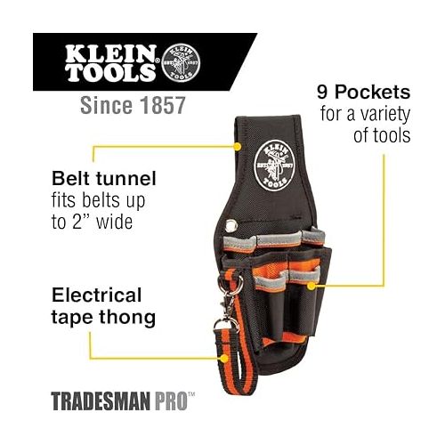  Klein Tools 5240 Tool Pouch, Tradesman Pro Maintenance Tool Pouch with 9 Pockets, Tape Thong, 2-Inch Tunnel Loop, Great Electrician Holster