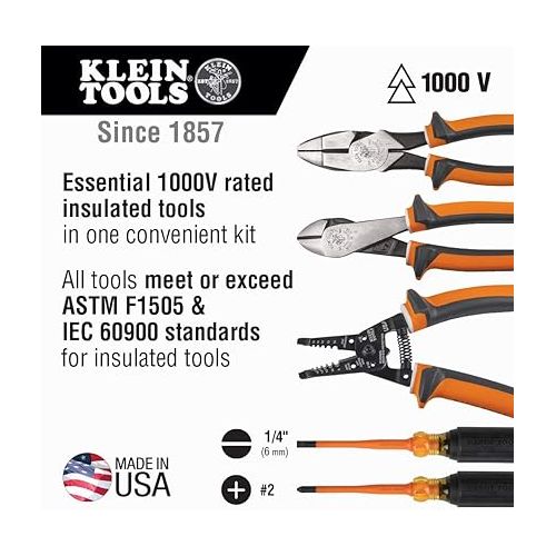  Klein Tools 94130 1000V Insulated Screwdriver Tool Set with #2 Phillips and 1/4-Inch Cabinet Slim Tips, 2 Pliers and Wire Stripper