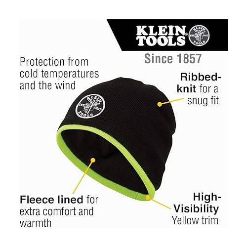  Klein Tools 60391 Knit Beanie, Thermal Fleece Winter Hat, Windproof, Fits under Helmets, Black with High-Visibility Yellow Band Trim