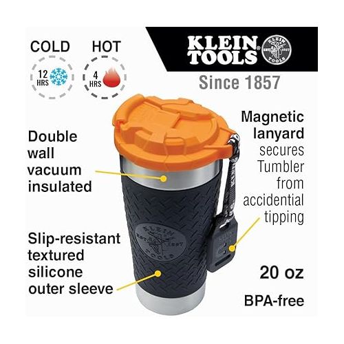  Klein Tools 55580 Stainless Steel Tumbler with Flip-Top Lid, Insulated 20 Oz. Tradesman's Double Wall Vacuum Mug, Slip-resistant Sleeve