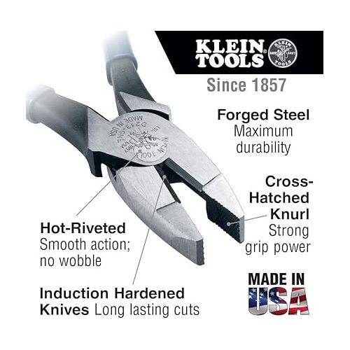  Klein Tools D213-9NE Pliers, Made in USA, 9-Inch Side Cutters, High Leverage Linesman Pliers Cut Copper, Aluminum and other Soft Metals