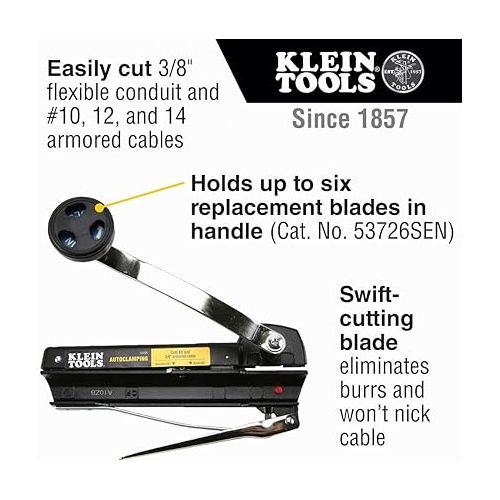  Klein Tools 53725 Armored and BX Cable Cutter, Cuts Up to 3/8 Inch Armored Cable-BX-AC-MC-MCAP-Greenfield, With Storage and Extra Blades