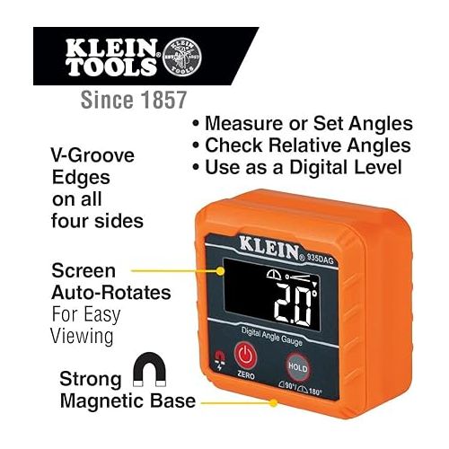  Klein Tools 935DAG Digital Electronic Level and Angle Gauge, Measures 0 - 90 and 0 - 180 Degree Ranges, Measures and Sets Angles