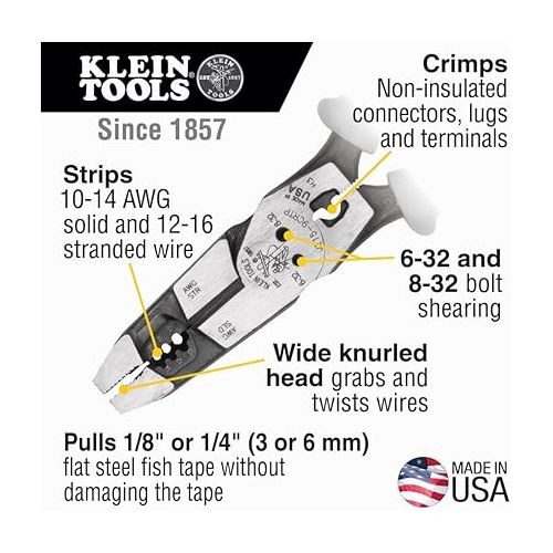  Klein Tools J2159CRTP Side Cutting Pliers, Made in USA, 9-Inch Journeyman High Leverage Hybrid Pliers with Crimper, Fish Tape Puller and Wire Stripper