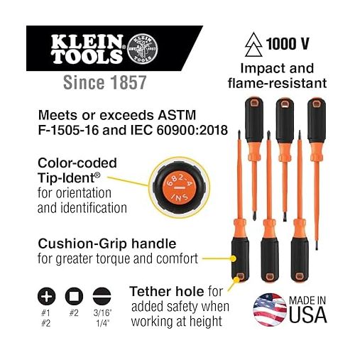  Klein Tools 85076INS Insulated Screwdriver Set features 1000V Screwdrivers, (3) Phillips and (2) Slotted and Square Tips, 6-Piece