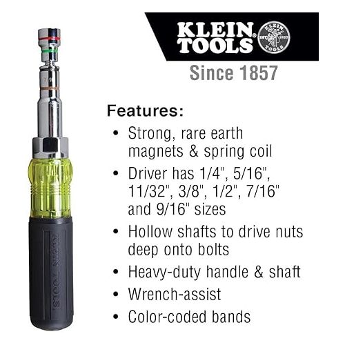  Klein Tools 32807MAG 7-in-1 Nut Driver, Magnetic Driver has SAE Hex Nut Sizes 1/4 to 9/16-Inch, Cushion Grip Handle for Added Torque