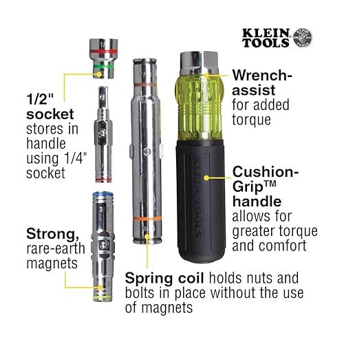  Klein Tools 32807MAG 7-in-1 Nut Driver, Magnetic Driver has SAE Hex Nut Sizes 1/4 to 9/16-Inch, Cushion Grip Handle for Added Torque