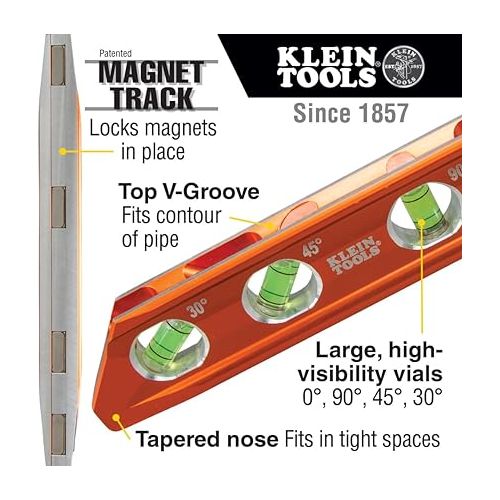  Klein Tools 935AB4V Level, 6-Inch Magnetic Torpedo and Conduit Level with 0/30/45/90 Degree Vials, V-Groove and Magnet Track, High Visibility Orange