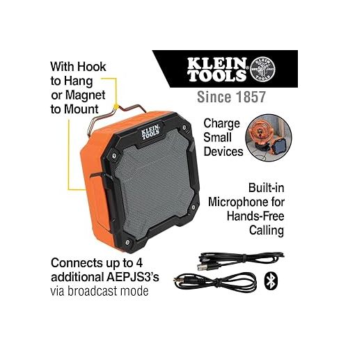  Klein Tools AEPJS3 Bluetooth Jobsite Speaker With Magnet and Hook, 20-Hr Run Time, Charge Via USB A or C, Pair Multiple Speakers Via Broadcast, Hands Free Capable