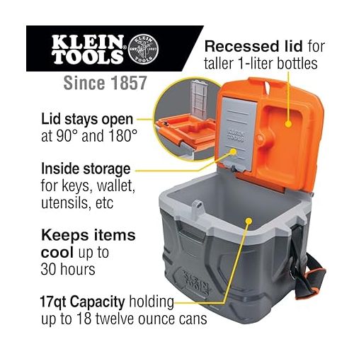  Klein Tools 55600 Work Cooler, 17-Quart Lunch Box Holds 18 Cans, Keeps Cool 30 Hours, Seats 300 Lb, Tradesman Pro Tough Box