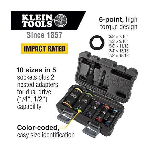  Klein Tools 66070 Impact Socket Set, Impact Driver Flip Socket, Five Sockets with 1/4-Inch Hex and 1/2-Inch Square Socket Adapters, 7-Piece