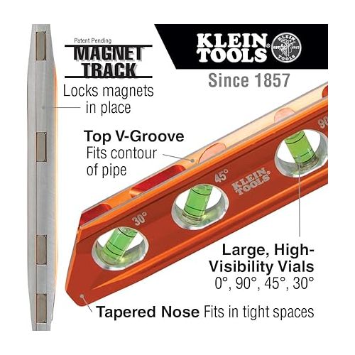  Klein Tools 935RB Torpedo Level, 8-Inch Billet Magnetic Level, 0/30/45/90 Degree Vials, V-Groove, Tapered Nose, High-Visibility Vial and Body