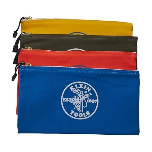  Klein Tools 5140 Canvas Zipper Bag, Tool Pouch, Tool Bag, Utility Bag, Bank Deposit Bag, 12.5 x 7-Inch, Olive/Orange/Blue/Yellow 4-Pack