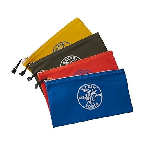  Klein Tools 5140 Canvas Zipper Bag, Tool Pouch, Tool Bag, Utility Bag, Bank Deposit Bag, 12.5 x 7-Inch, Olive/Orange/Blue/Yellow 4-Pack