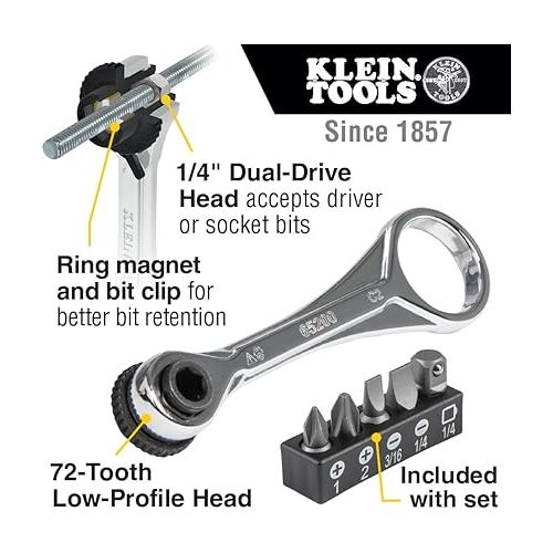  Klein Tools 65200 Ratchet Set, 5-Piece Mini Ratchet Set with Phillips, Slotted, and Adapter for Other Socket Sizes, For Tight Spaces