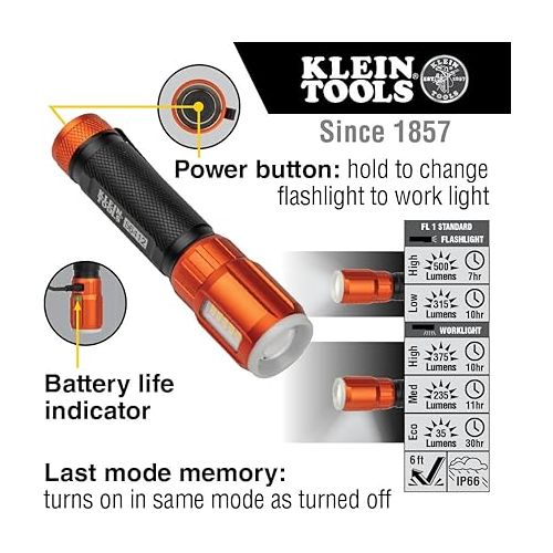  Klein Tools 56412 Rechargeable LED Flashlight with Worklight, 500 Lumens, USB Charging Cable, Pocket Clip, Battery Life Indicator, Magnetic