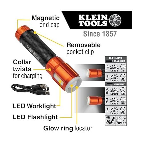  Klein Tools 56412 Rechargeable LED Flashlight with Worklight, 500 Lumens, USB Charging Cable, Pocket Clip, Battery Life Indicator, Magnetic