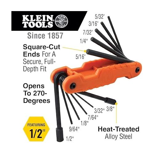  Klein Tools 70550 Hex Wrench Key Set, 11 SAE Sizes, Heavy Duty Folding Allen Wrench Tool with Extra Long Hex Keys