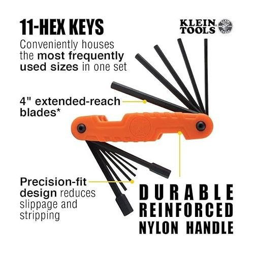  Klein Tools 70550 Hex Wrench Key Set, 11 SAE Sizes, Heavy Duty Folding Allen Wrench Tool with Extra Long Hex Keys