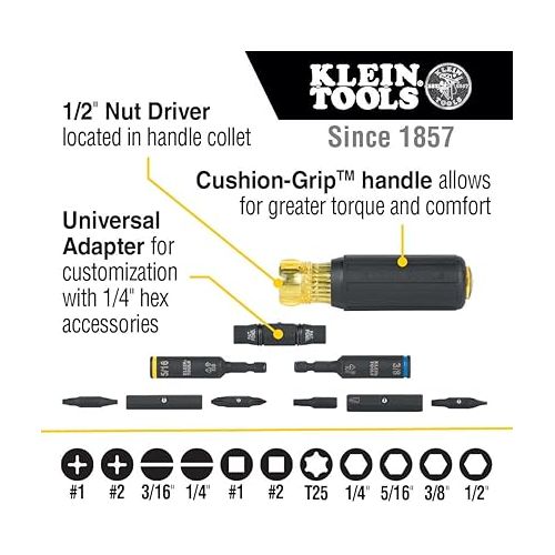  Klein Tools 32500HD Multi-Bit Screwdriver / Nut Driver, Impact Rated 11-in-1 Tool with Phillips, Slotted, Square and Torx Tips