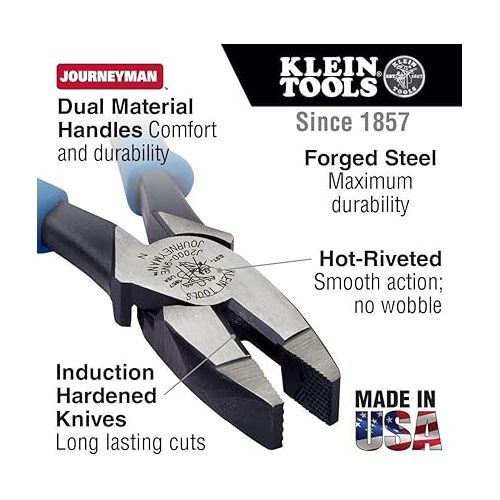  Klein Tools J213-9NE Side Cutter Linemans Pliers, Made in USA, High Leverage, 9-Inch, Streamlined Design, Color Coded