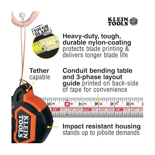  Klein Tools 9225 Tape Measure, Heavy-Duty Measuring Tape with 25-Foot Double-Hook Double-Sided Nylon Reinforced Blade, with Metal Belt Clip