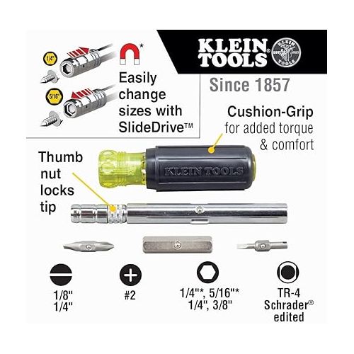  Klein Tools 32596 Multi-Bit Screwdriver /Nut Driver, Magnetic 8-in-1 HVAC Slide Drive Tool with Hex, Phillips, Schrader Bits, Nut Drivers