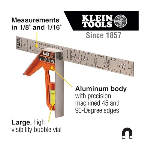  Klein Tools 935CSEL Combination Square Ruler for Electricians and Carpenters, Stainless Steel Double Sided Ruler, Bubble Level, Magnetic