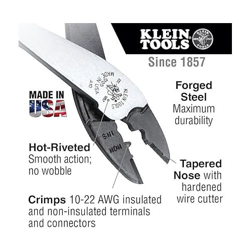  Klein Tools 1005 Cutting / Crimping Tool for 10-22 AWG Terminals and Connectors, Made in USA, Terminal Crimper for Insulated and Non-Insulated Terminals