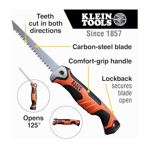  Klein Tools 31737 Folding Jab Saw / Drywall Saw, Hand Saw with Lockback at 180 and 125 Degrees and Tether Hole