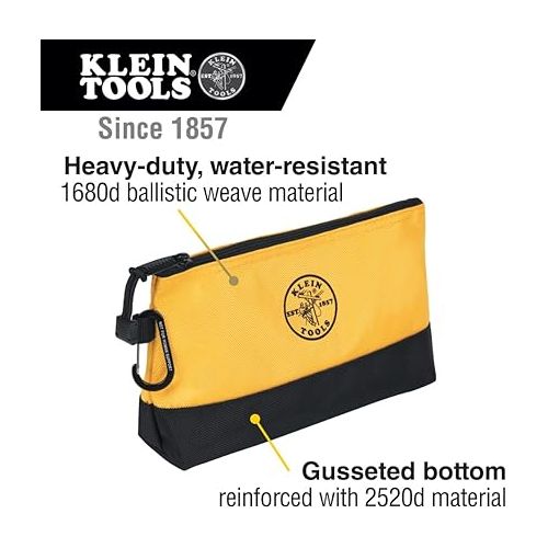  Klein Tools 55569 Stand-Up Zipper Bag Tool Pouch with Carabiners, Reinforced Gusseted Bottoms, Water Resistant 1680d, Multi-Size 5-Pack