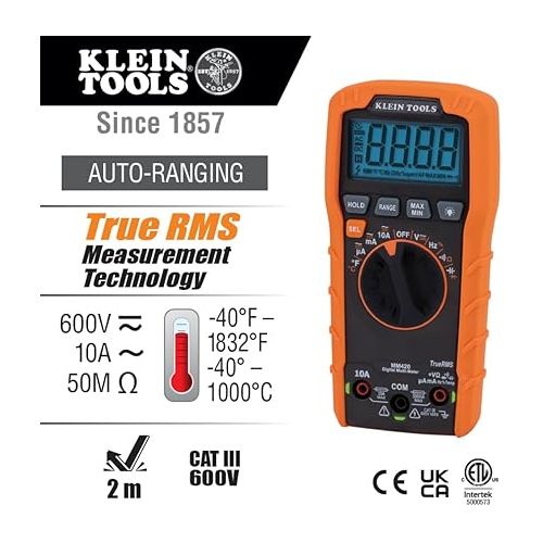  Klein Tools MM420 Digital Multimeter, Auto-Ranging TRMS Multimeter, 600V AC/DC Voltage, 10A AC/DC Current, 50 MOhms Resistance